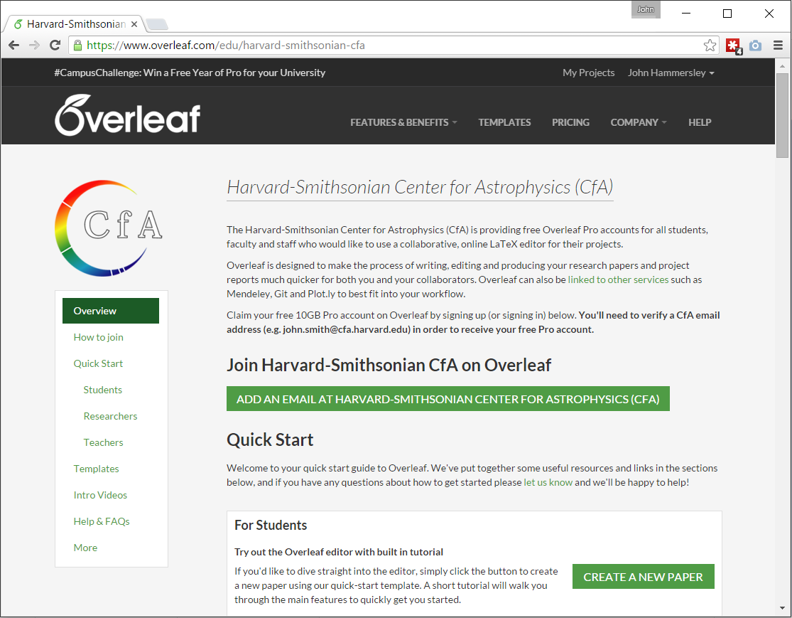 Harvard-Smithsonian CfA web portal on Overleaf screenshot