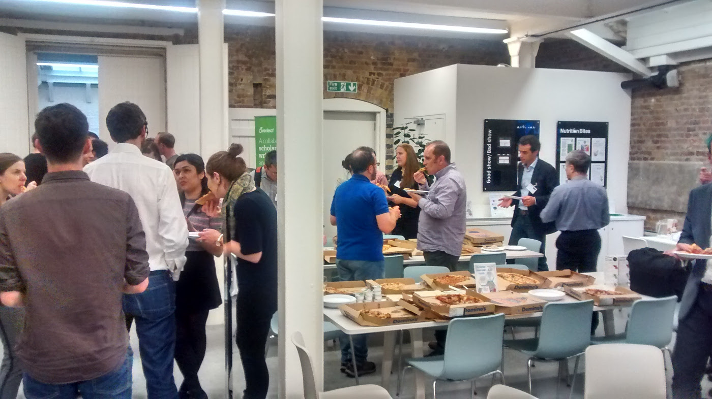 Pizza and networking at Overleaf's FuturePub 7 event on May 10th 2016