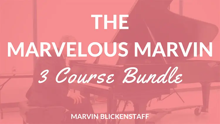 Title card that says The Marvelous Marvin 3 Course Bundle, with Marvin Blickenstaff sitting at a piano in the background