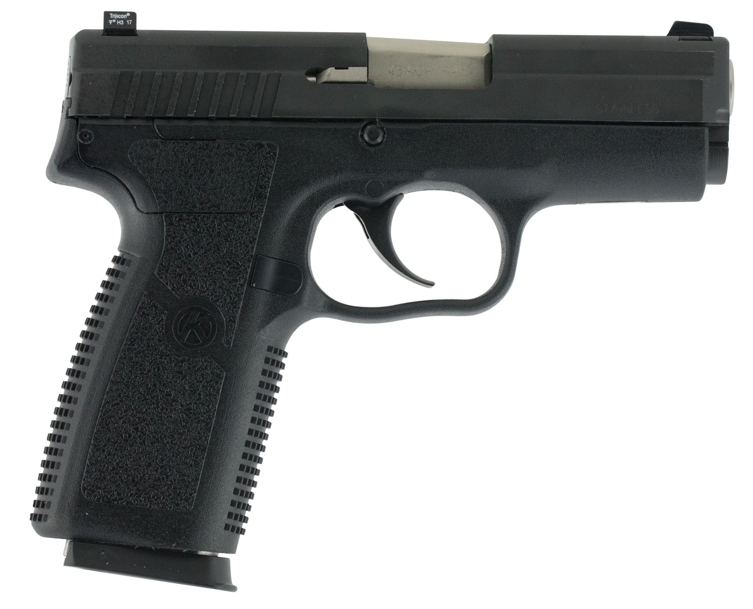 Kahr Arms KP4544N P *CA Compliant 45 ACP Caliber with 3.40″ Barrel, 6+1 or 7+1 Capacity, Black Finish Frame, Serrated Matte Black Stainless Steel Slide, Textured Polymer Grip & TruGlo Night Sights