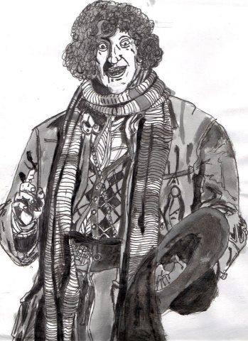 image: TOM BAKER; THE 4TH DOCTOR. 1974-1981. INDIA INK ON BRISTOL BOARD. ORIGINAL ART: 30 DOLLARS, PRINTS 15. DOLLARS.