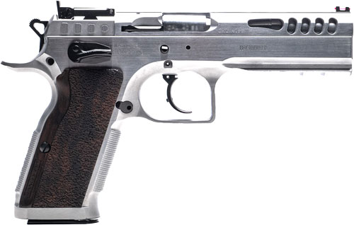 Tanfoglio Defiant Stock I 9mm 16+1 4.50″ Barrel Steel Slide/Frame Hammer Thumb Safety Fixed Sights Rail Wood Grip TFSTOCKI9SF