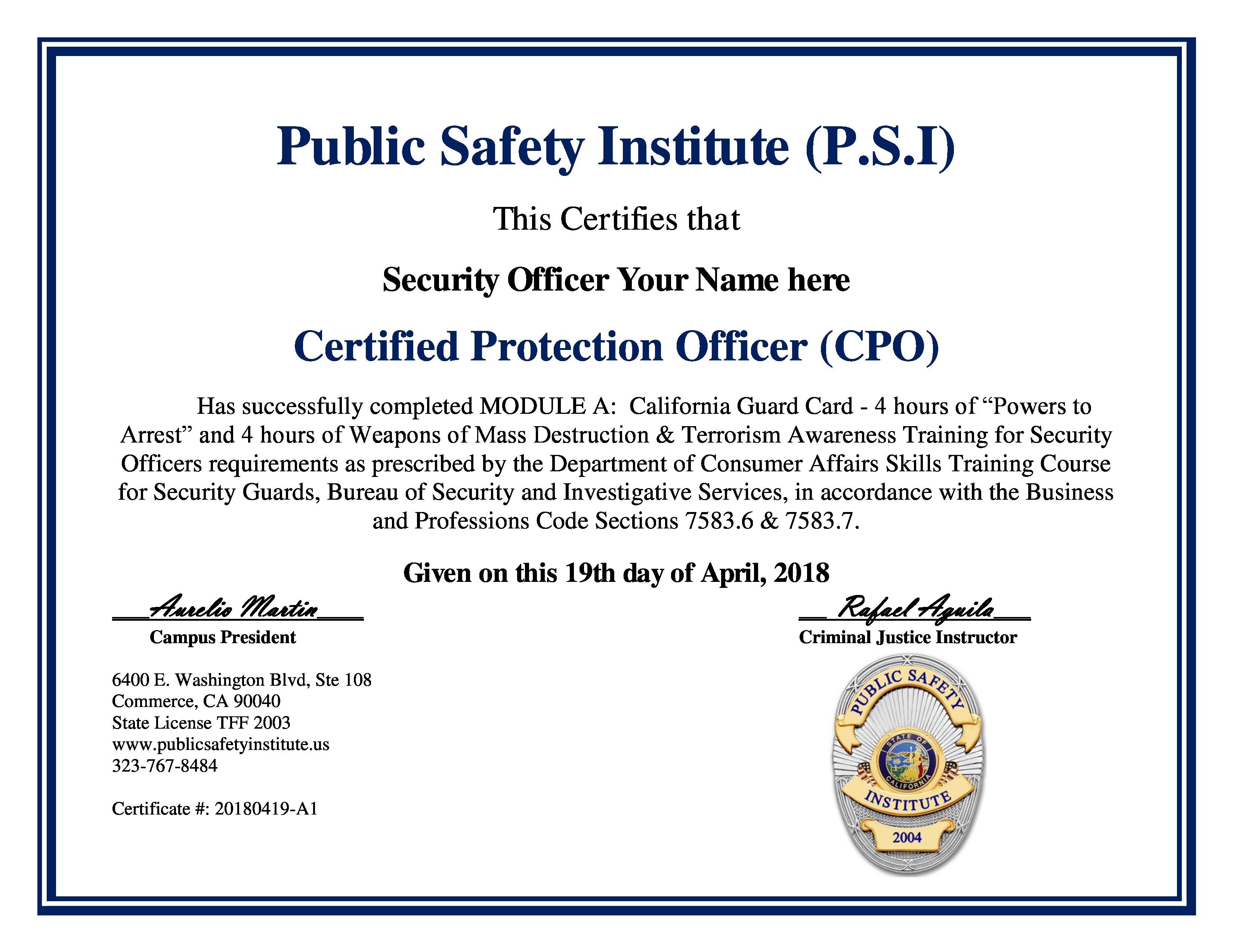 BSIS California Guard Card License Public Safety Institute