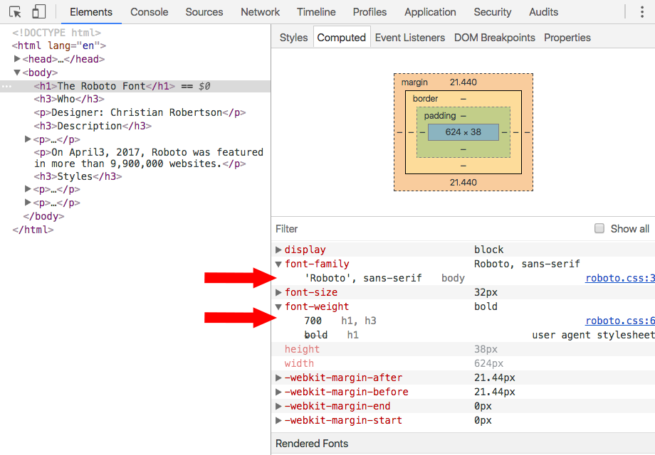 Chrome inspect h1 element showing Roboto font family and the font weight of 700.