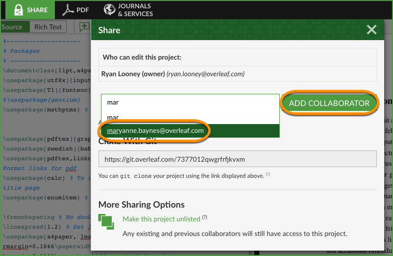 Start typing and select your collaborator's email address when it appears.