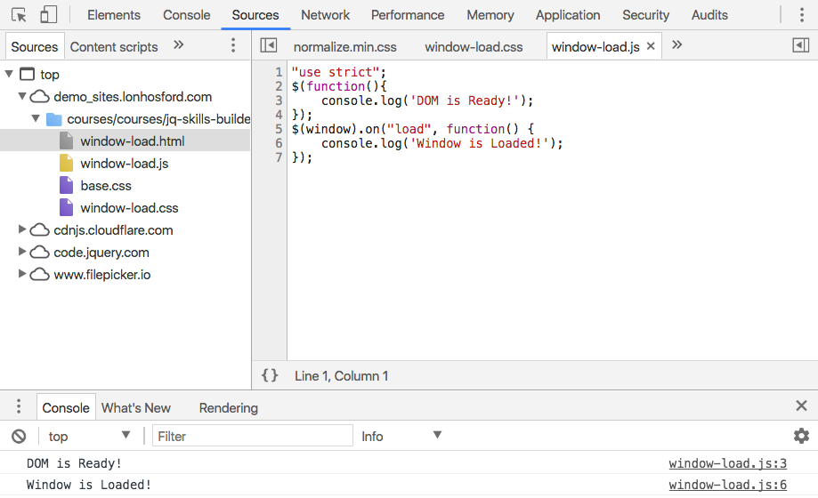 The web browser Sources and Console window after img element was added.