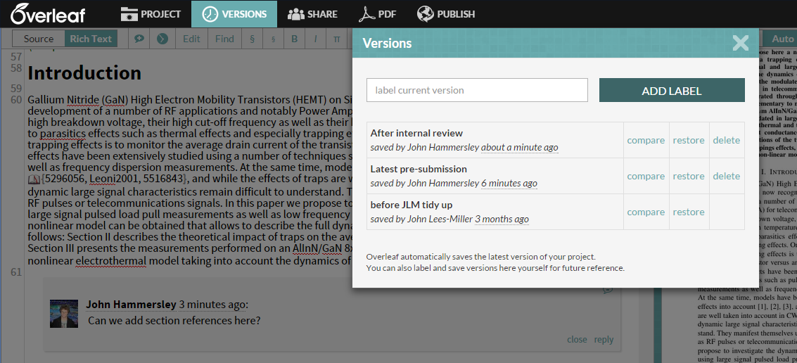 Overleaf compare versions modal menu selector