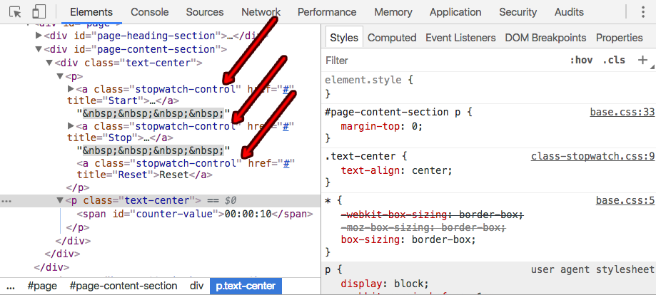 Stopwatch lab Elements view highlighting the class name for the user controls.