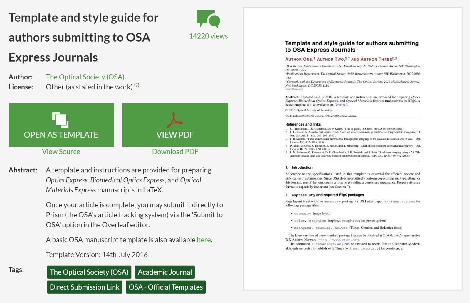 The new OSA Express template and style guide on Overleaf