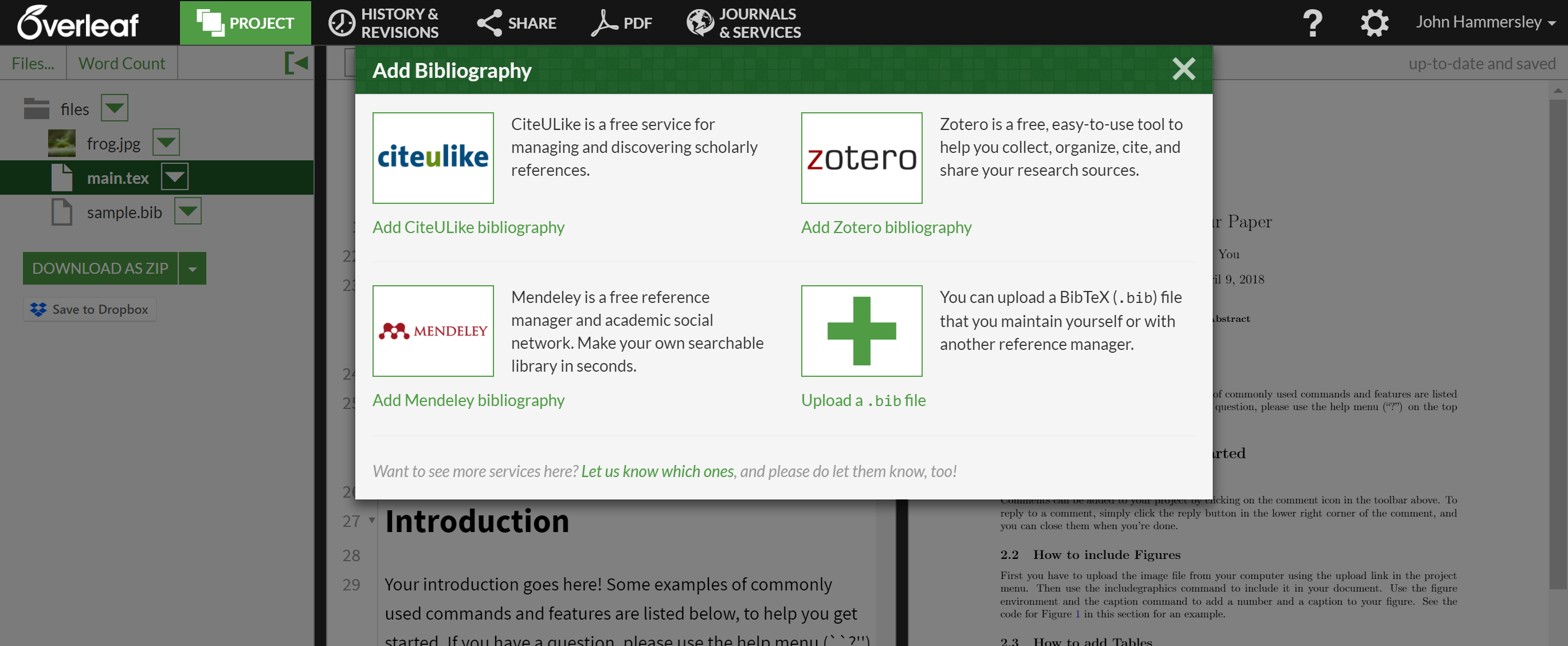 The bibliography import menu on Overleaf