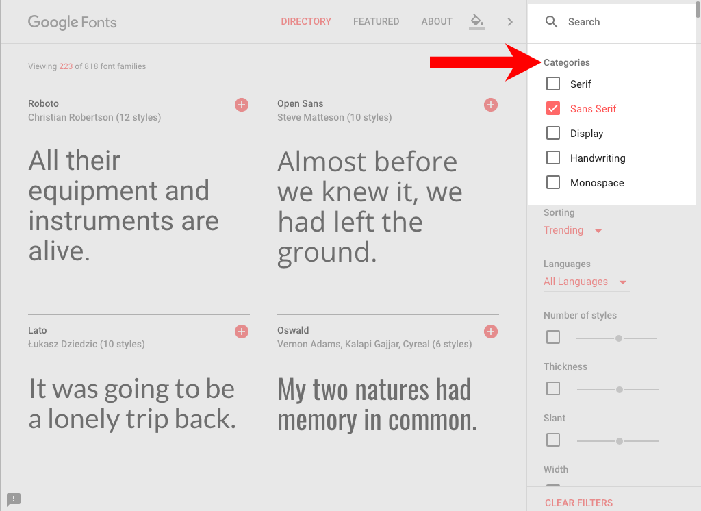 Google Fonts site category Sans Serif selected