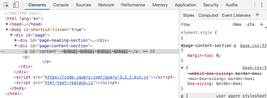 Elements view highlighting the #comment element for JQuery lab using html and text methods to update interactively updating element inside using html method.