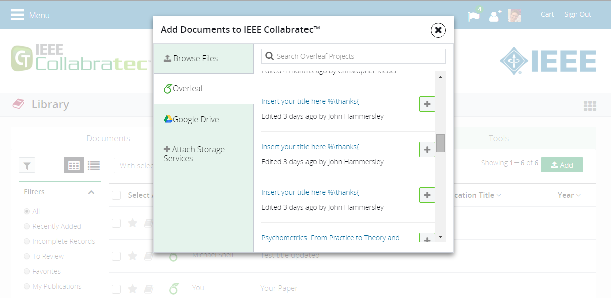 IEEE Collabratec screenshot showing how to browse and add Overleaf projects