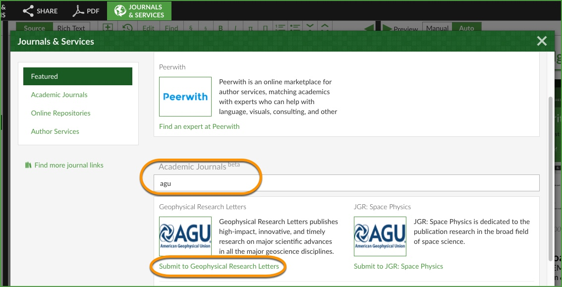 Overleaf academic journal search