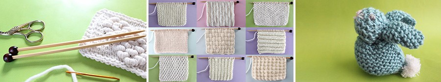 Nine knitted swatches in knit and purl textures on multi-colored backgrounds in white yarn on straight knitting needles