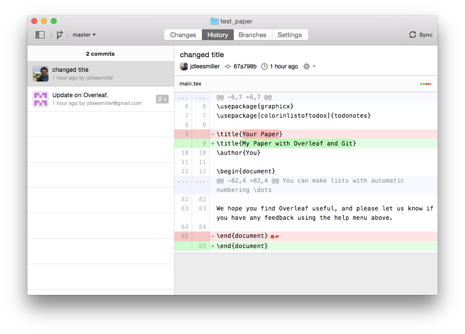 A history changes to an Overleaf paper in the GitHub GUI
