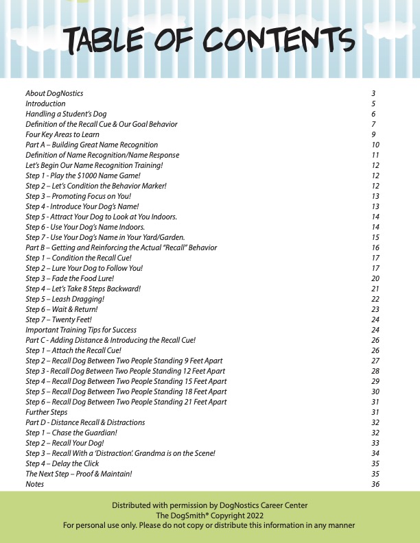 How to Train a 'Reliable Come When Called' DogNostics E-Book Table of Content