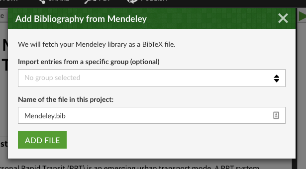 Import a mendeley group or your whole library into a bib file on Overleaf