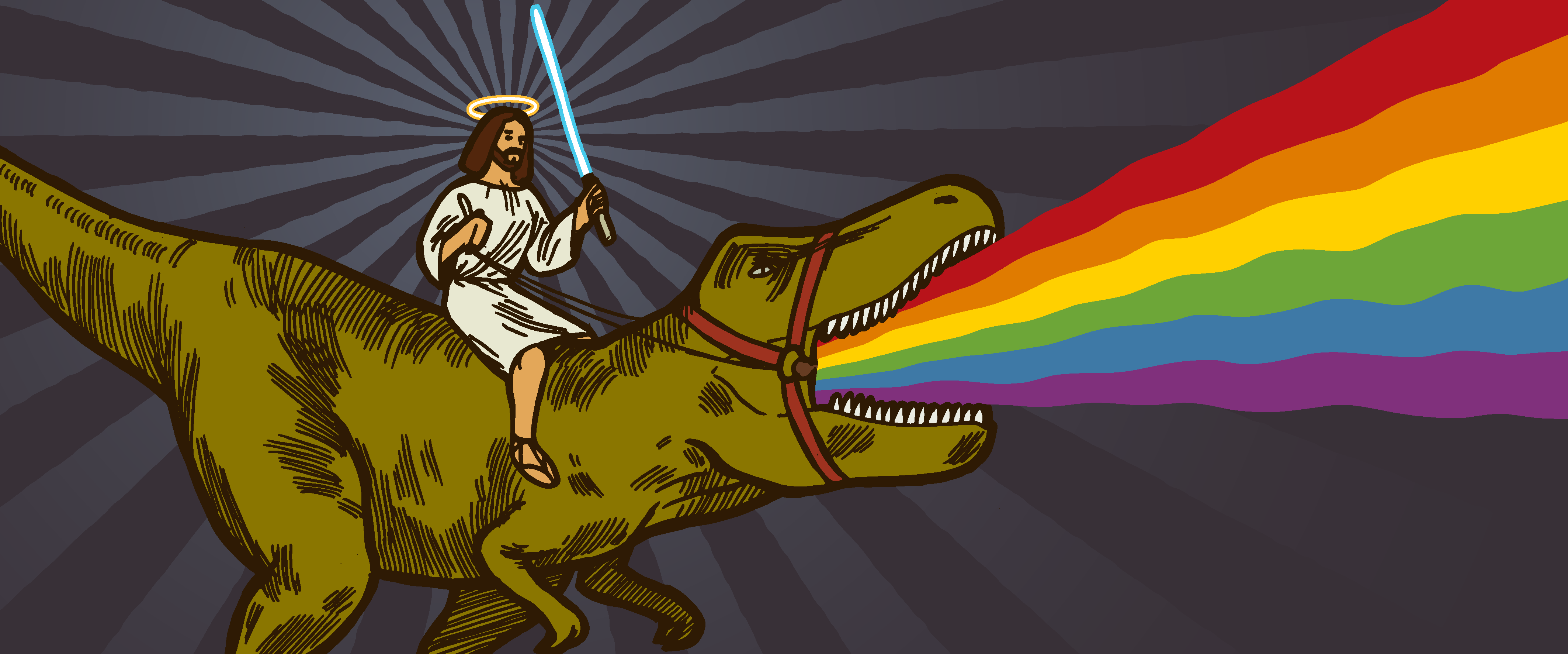 Jesus holding a dinosaur