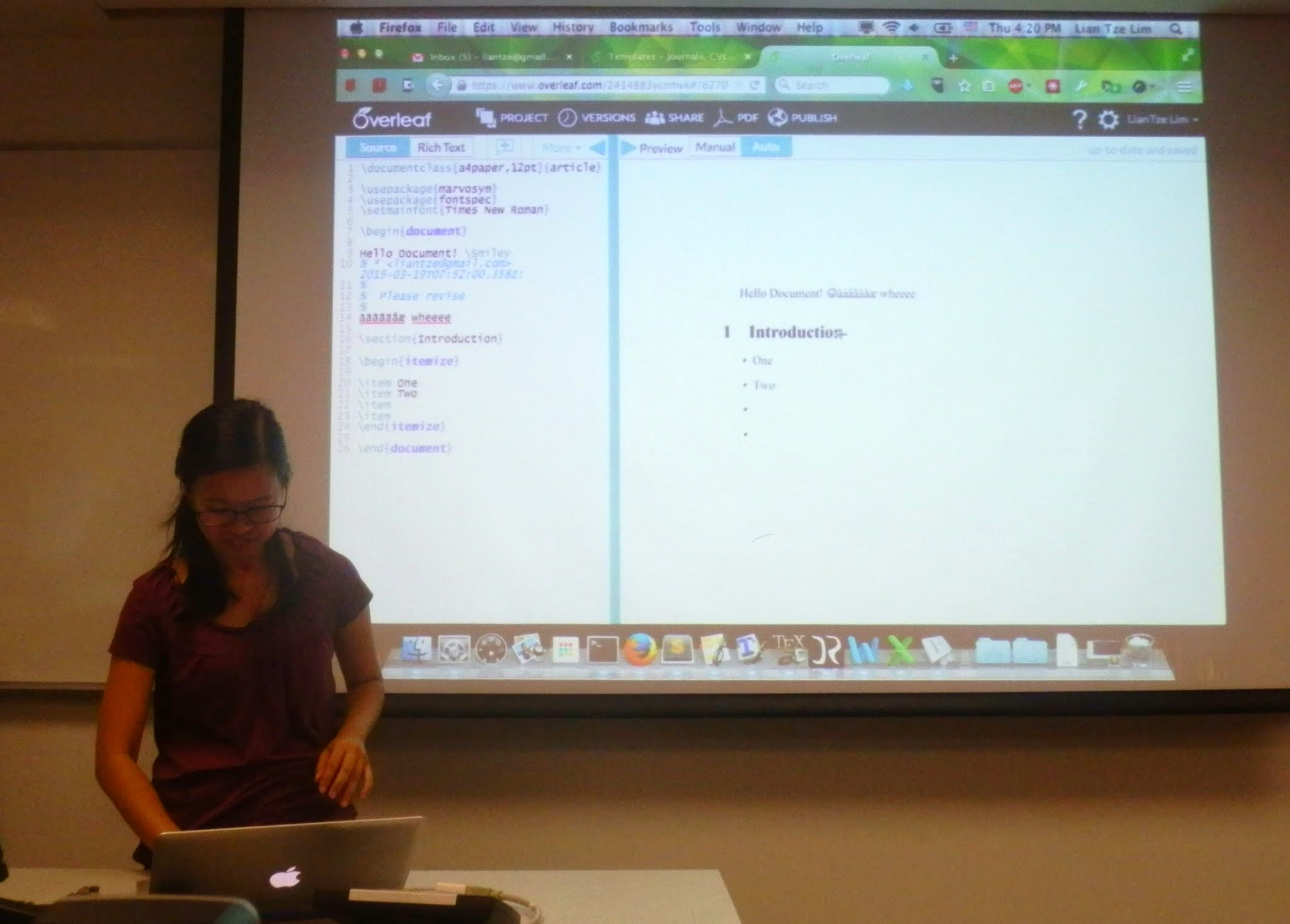 Lian Tze Lim teaching using Overleaf during her LaTeX Workshop for Linguists at HSS NTU