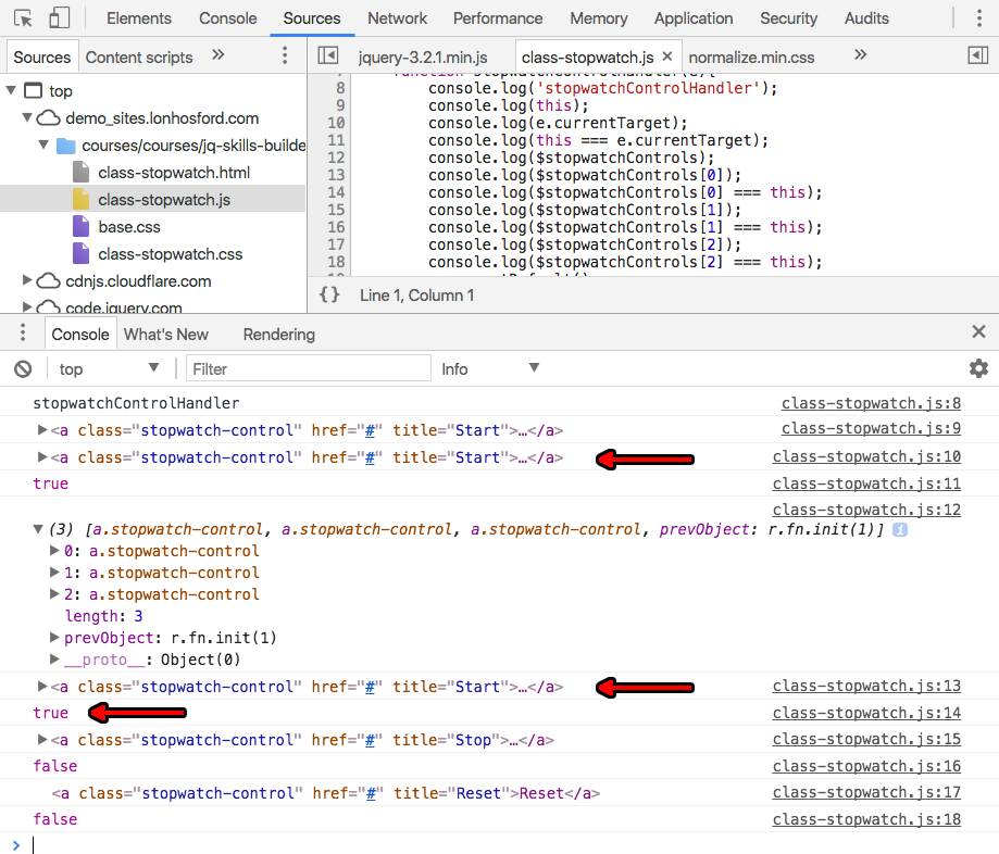 Sources and Console views examining the this and $stopwatchcontrols[0] objects.