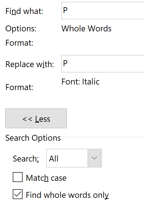 More options in Find and Replace, showing 'Font: Italic' for the 'Replace with'