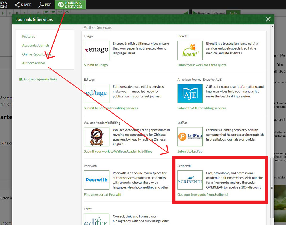 Image showing Scribendi listed in Overleaf's Journals and Services section.