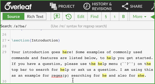 searching in Overleaf