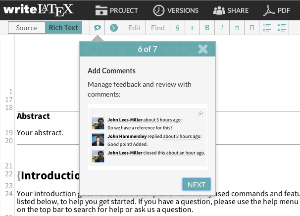 Writelatex comment review feedback tutorial screenshot