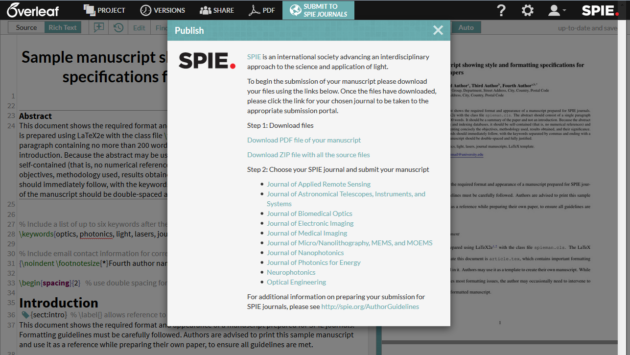 SPIE Overleaf Link Screenshot