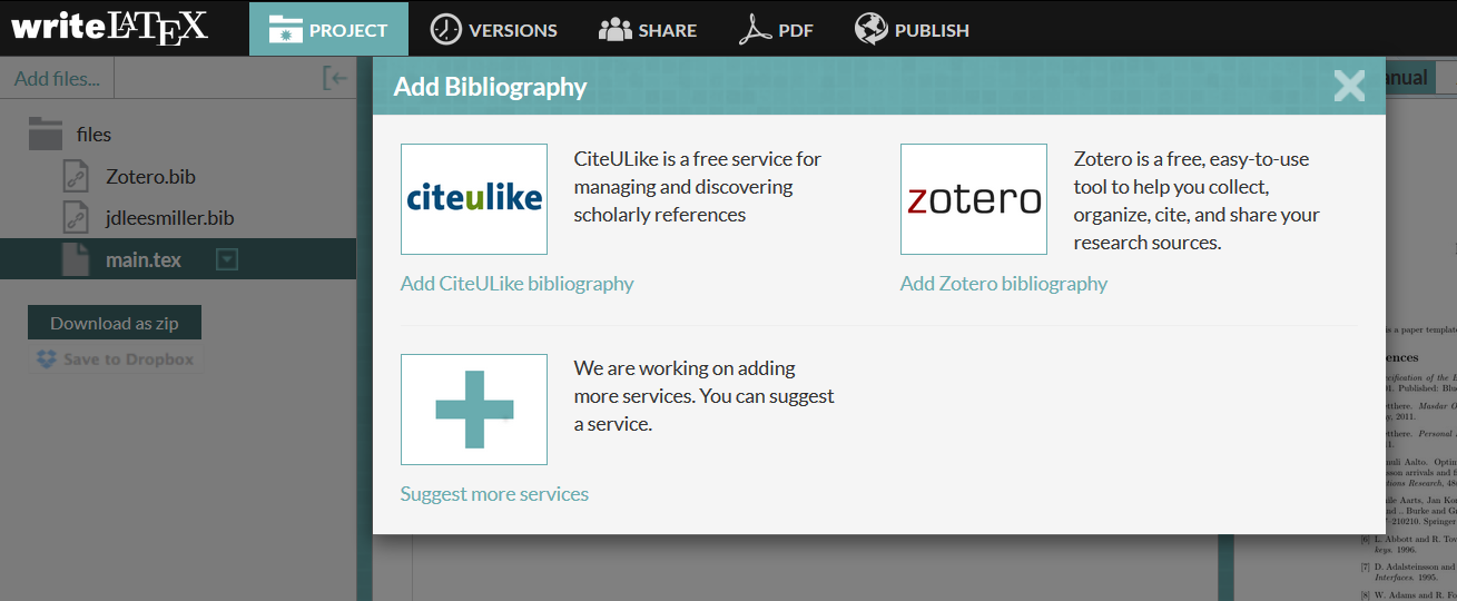 Writelatex add zotero citeulike bibliography to project screenshot