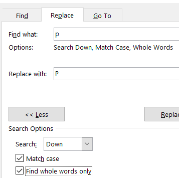 More options in the Find and Replace box, with 'Find whole words only' selected