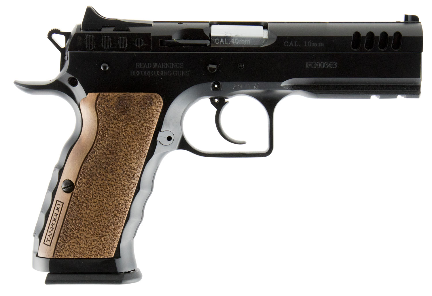 Tanfoglio IFG TF-STOCKI-40 Defiant Stock I 40 S&W Caliber with 4.50" Barrel, 14+1 Capacity, Overall Black Finish Steel, Picatinny Rail/Beavertail Frame, Serrated Slide & Wood Grip