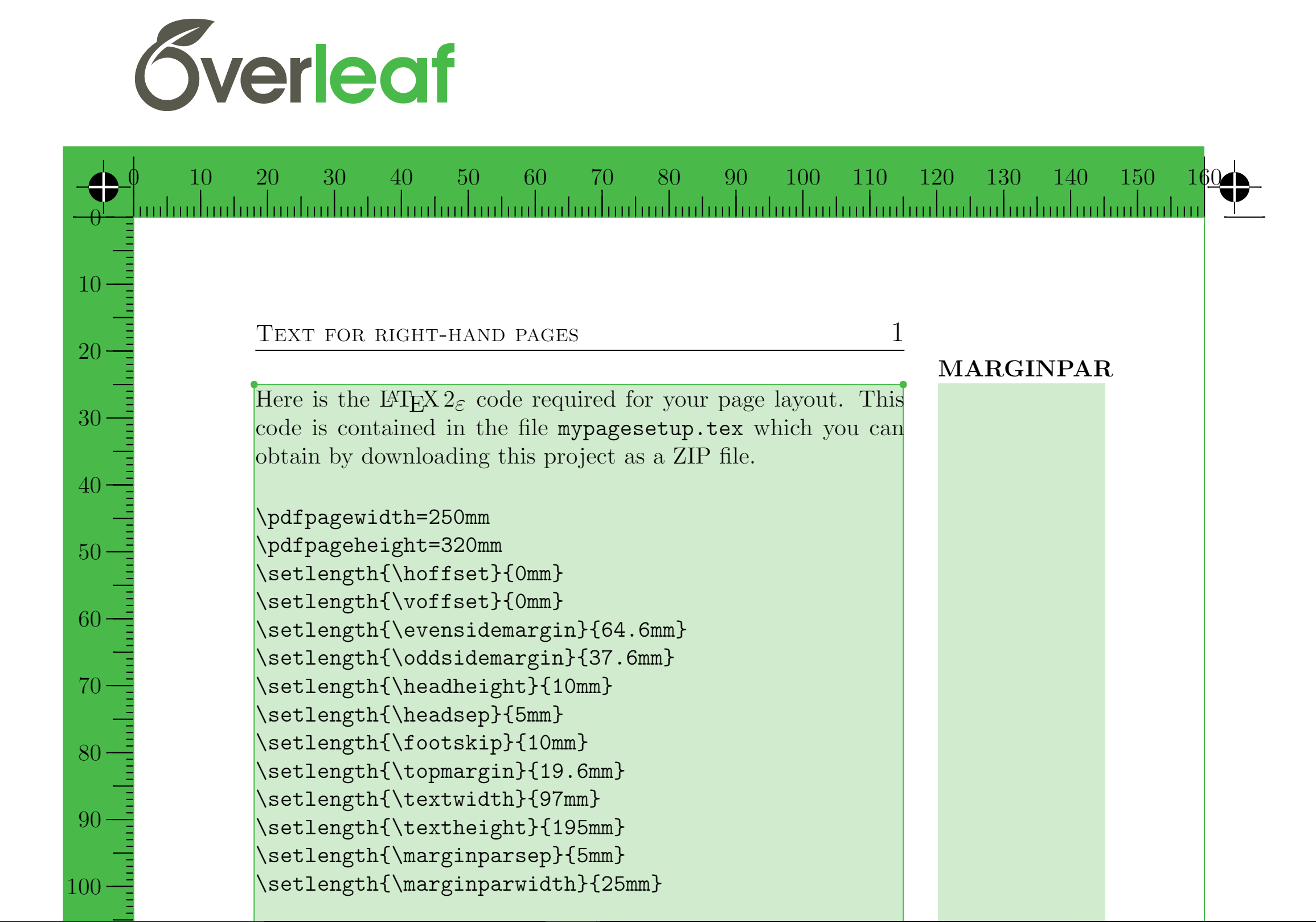 Screenshot showing values calculated for LaTeX page-layout parameters