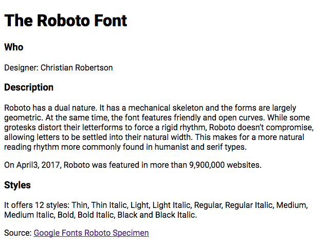 Practice file in web browser using Roboto Black 900 for the h1 element.