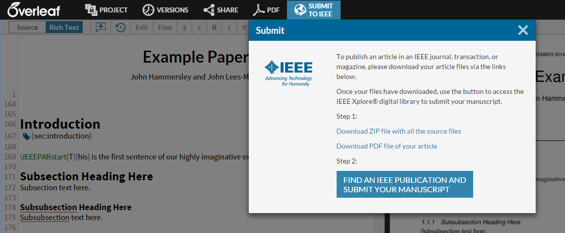 Overleaf editor screenshot showing IEEE journal submission link