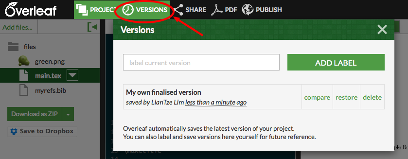 Using the Versions menu on Overleaf