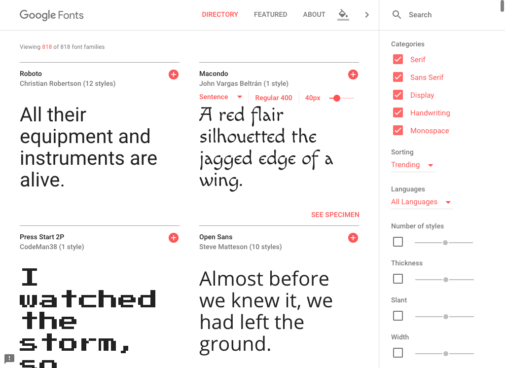 Google Fonts site all fonts