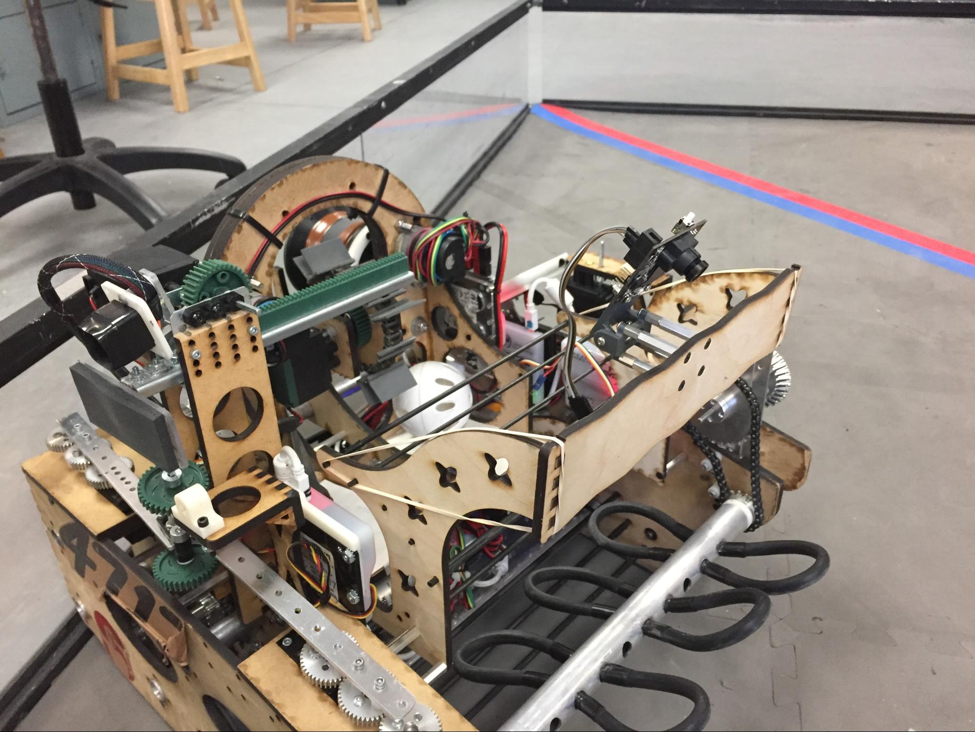 A second photograph of Timbur the robot in action during a competition