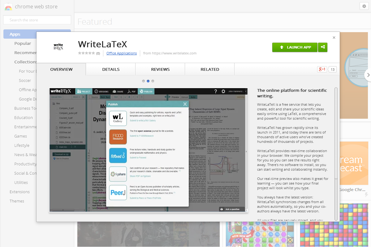 WriteLaTeX app in Chrome Web Store screenshot