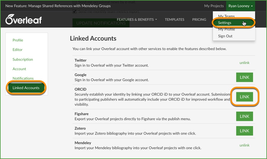 Link your Overleaf account to your ORCID iD