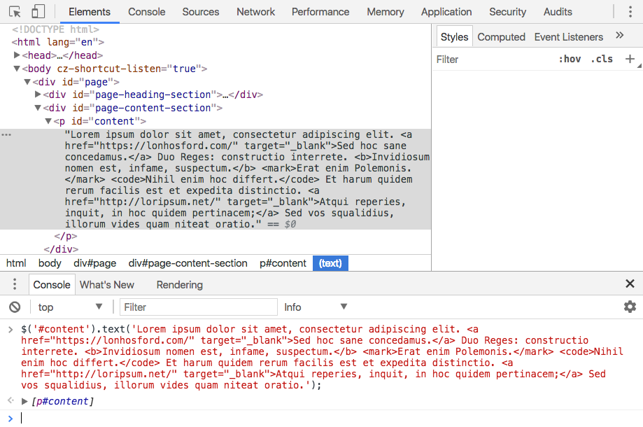 Web tools view Lorem Ipsum text with HTML markup using JQuery text method.