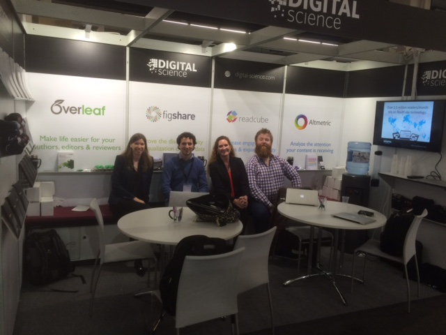 Overleaf Altmetric and Figshare in the Digital Science booth at Frankfurt Bookfair 2015