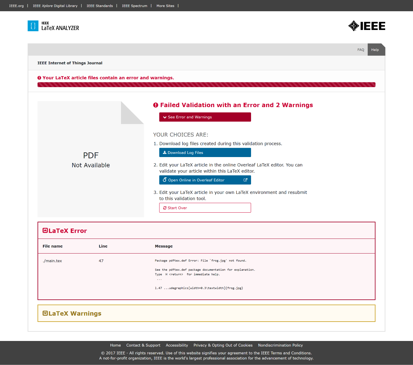 Image of a LaTeX file failing the validation tests of the IEEE LaTeX Analyzer service