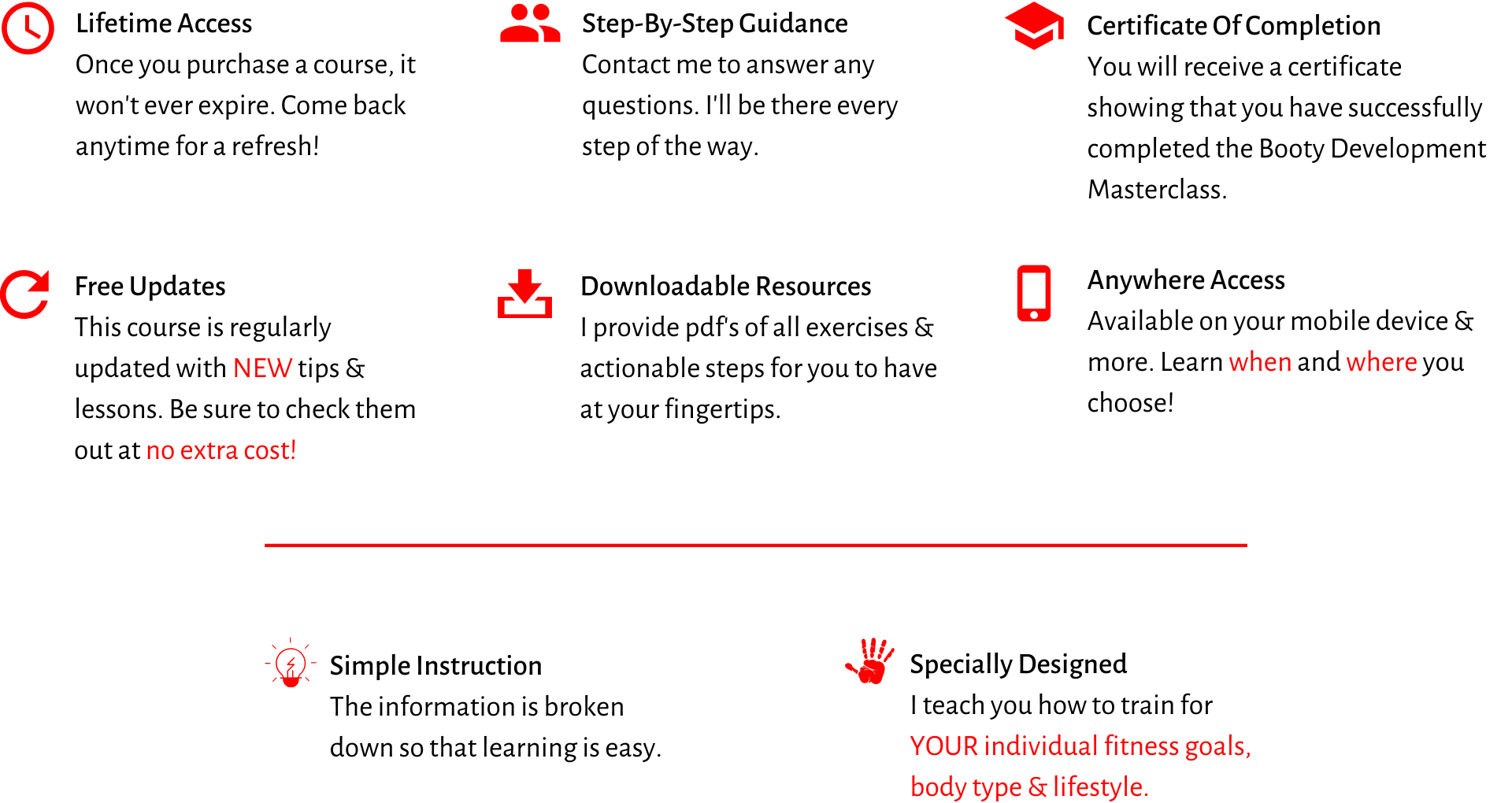alt=&quot;list with icons of things you get when you enroll in this course&quot;