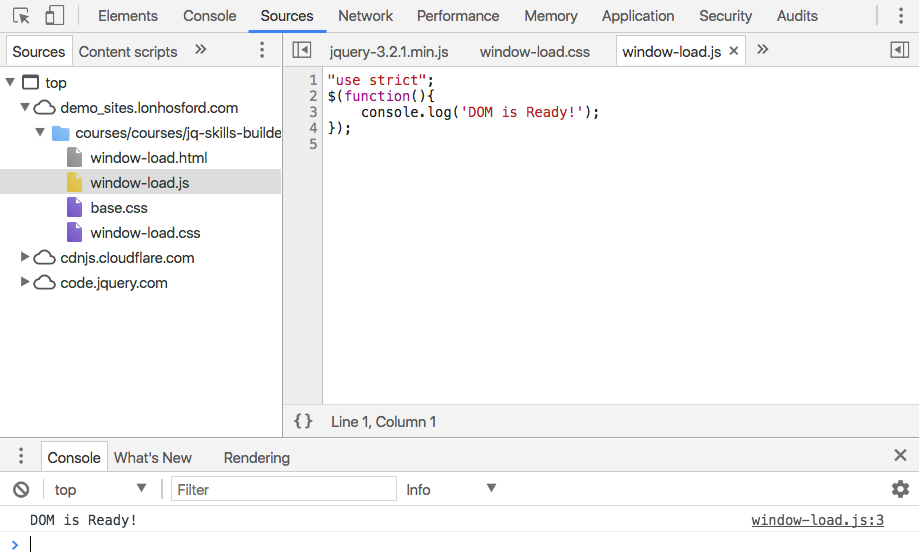 The starting lab file in the web browser Sources and Console window.