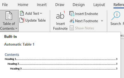 Table of Contents, on the References tab in MS Word