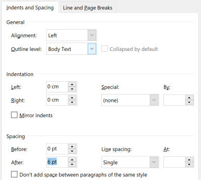 Spacing options under Indents and Spacing, showing where to select spacing of 6 points after the text in a particular style