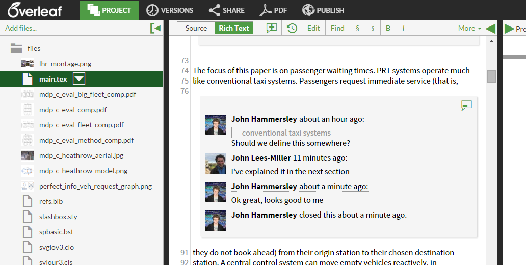 Overleaf comment on selected text with replies and closed screenshot