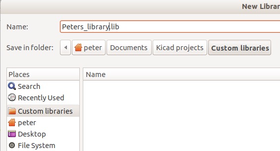 Figure 6: Create a new symbol library; I have placed mine in a directory named “Custom libraries